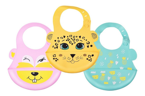 Set 3 Baberos Papubaby Suaves De Silicón Para Bebé Niña Color Animales Niña Talla Unitalla