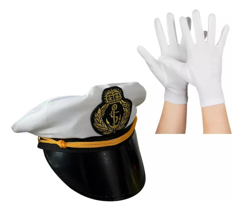 Gorro Sombrero Marinero Capitán Barco Blanco + Guantes