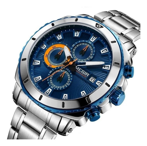 Relógio Megir M2075g Azul Original Cronógrafo Prova D' Água