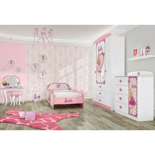 Guarda Roupa Infantil 3 Portas Barbie Happy Pura Magia Branco/Rosa