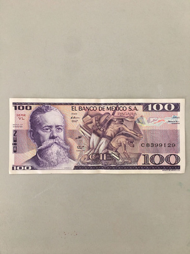 Billete De $100 Pesos Venustiano Carranza 1982 Serie Vl