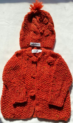 Hermoso Saco Tejido A Mano Con Gorrito ! Talle 4 A 9  Meses