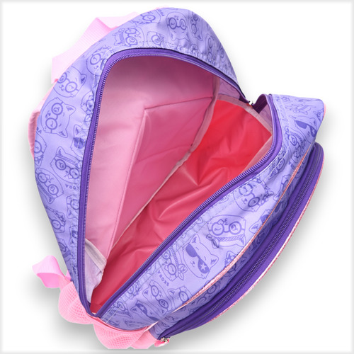 Mochila Skora 16 Pulgadas Escolar Reforzada Para Espalda Lila Y Rosa Gatito Lentes