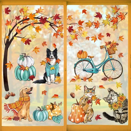 59pcs Ventosas De Otoño Ventanas 9 Hojas, Perros Y Gat...
