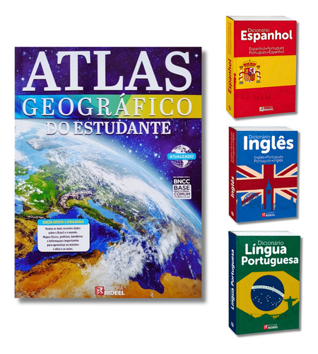 Atlas Geográfico Do Estudante + 3 Dicionários: Português - Inglês - Espanhol - Didáticos