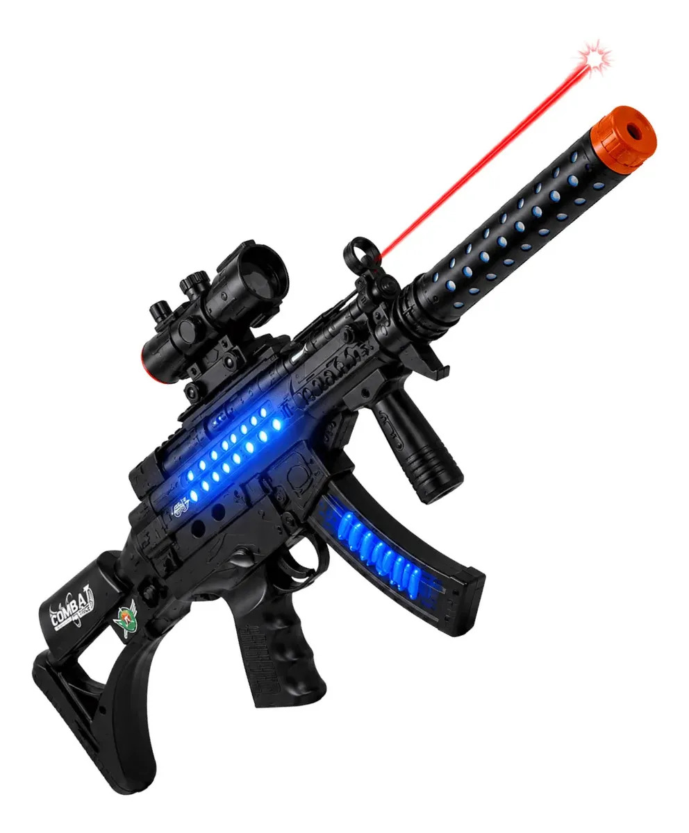 Arma Metralhadora Fuzil Militar C/ Mira Laser Sons E Luz Led Preto