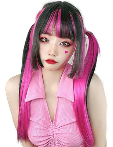 Peluca Cabello Largo Y Liso Negro Y Rosa Peluca Cosplay Mons