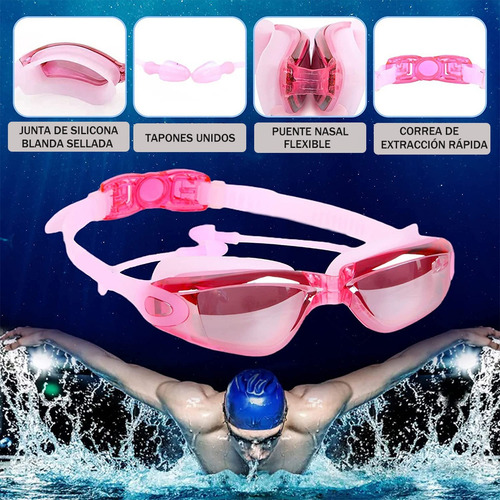 Set Natación 5pz, Gogles+gorra+clip Nariz+tapones+bolsa Rosa