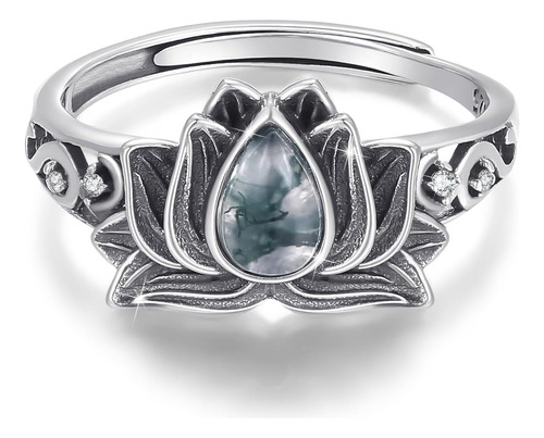 Lotus Moss Agate Rings 925 Sterling Silver Moss Agate Ring L