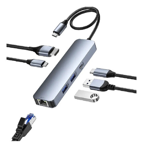 Adaptador Hub Usb 6 En 1 Usb-c Hdmi Rj45 Usb 3.0 Usb-c Pd Gris