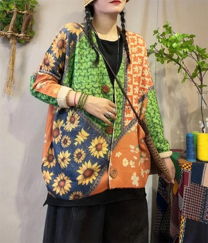 Cárdigan De Punto Con Cuello En V Y Estampado Floral Para Mu