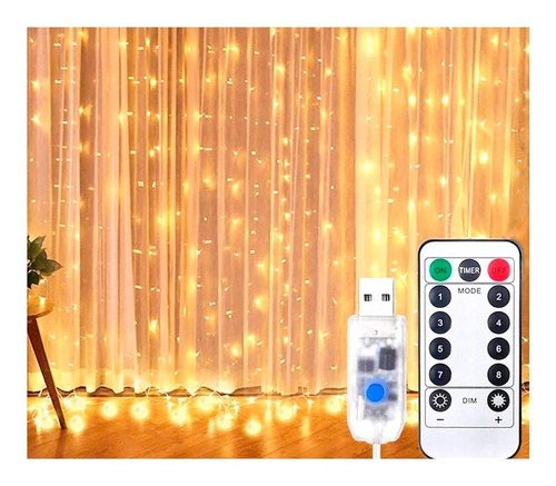 Imagen 2 de 7 de Cortina Luces Led 3x2 Mts Calida Conexión Usb Control Remoto