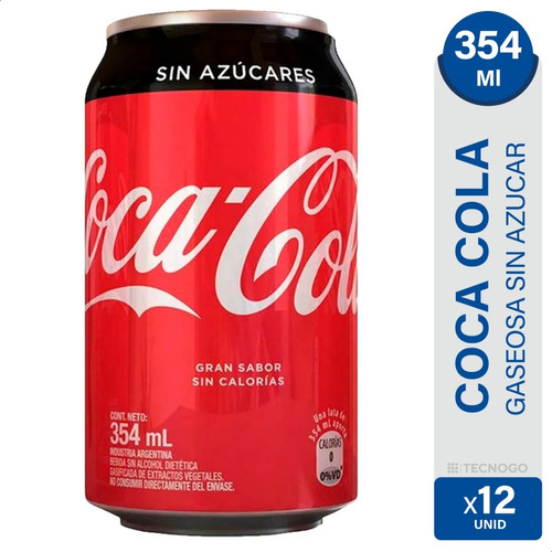 Imagen 1 de 5 de Coca Cola Sin Azucar Lata 354ml Pack X12 Gaseosa Dietetica