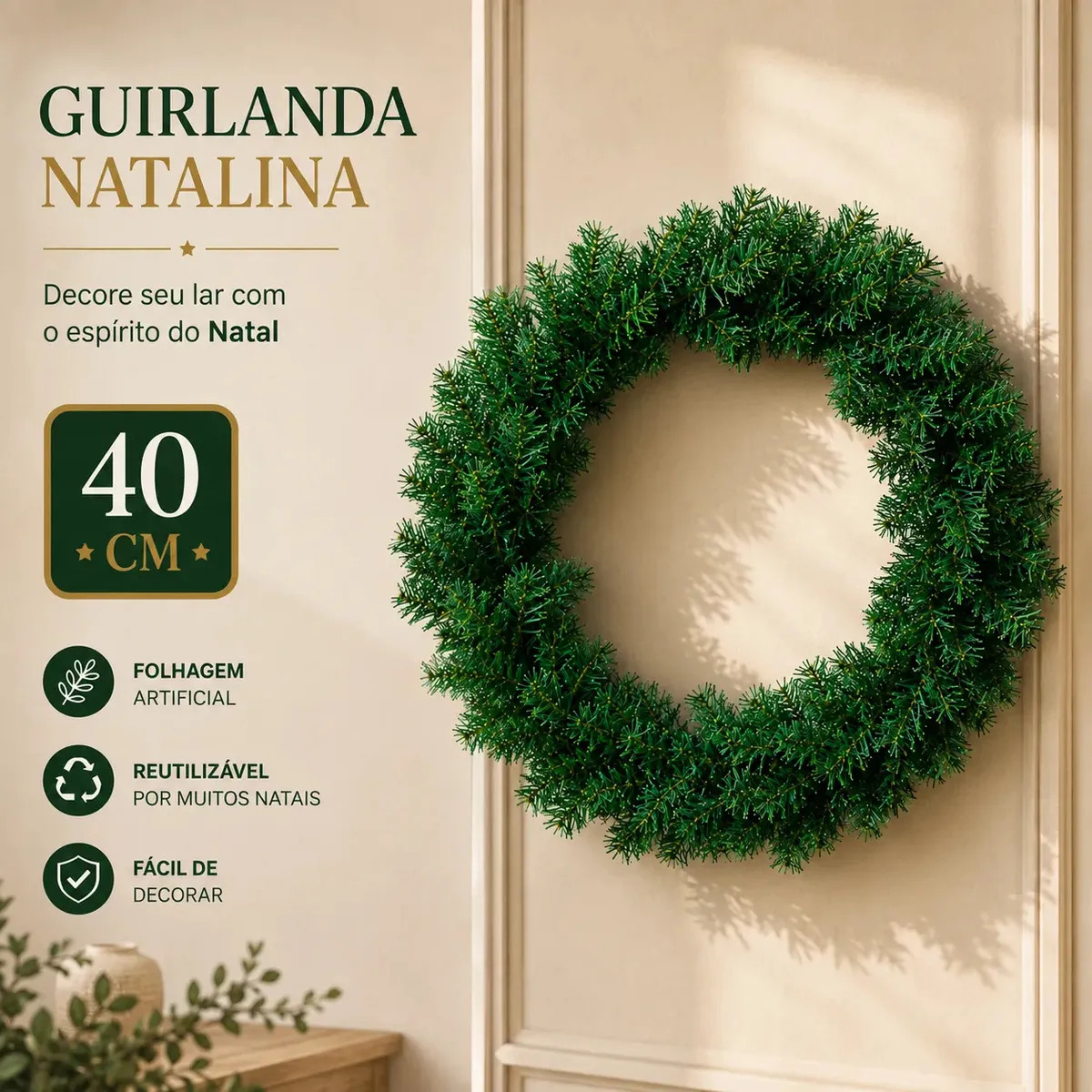 Guirlanda De Natal Natalina Luxo Grande 40cm Para Porta Decoração Decorativa