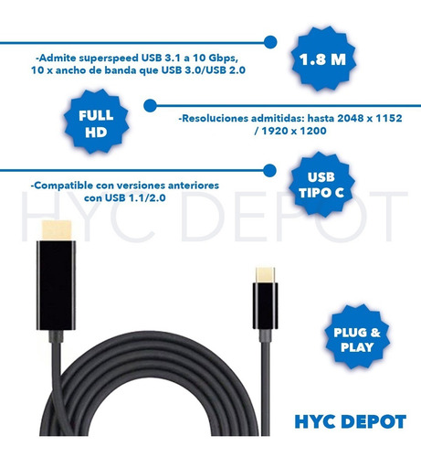 Cable Adaptador Usb C A Hdmi 1,8 Mt Para Macbook Pro Full Hd