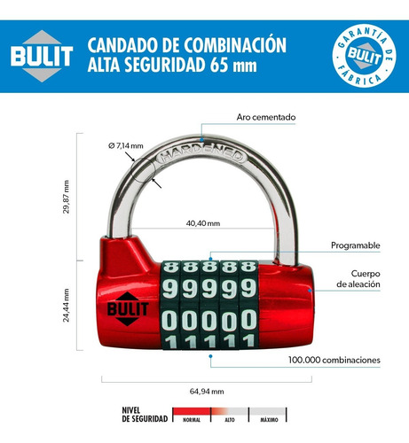 Candado De Aleación Bulit 10.000 Combinaciones 65mm Rojo