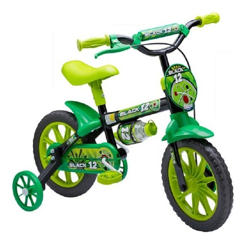Bicicleta urbana infantil Nathor Black 12 freios tambor cor preto/verde com rodas de treinamento