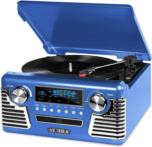 Victrola Retro Blue Tocadiscos Radio Am/fm Cd Bluetooth