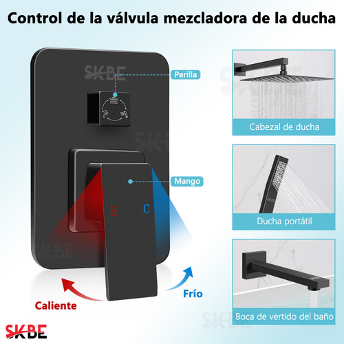 Skbe® Regadera Cuadrada Tipo Lluvia Alta Presión Con Regadera Telefono Y Grifo Del Baño Acero Inoxidable Color Negro