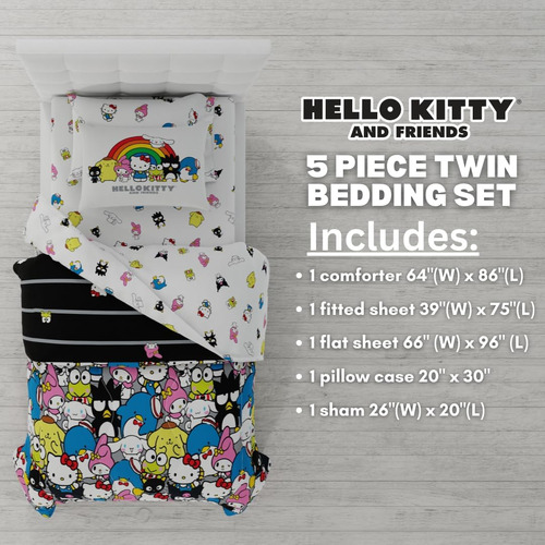 Juego De Edredón Y Sábanas Hello Kitty & Friends, Twin, 5 Pc