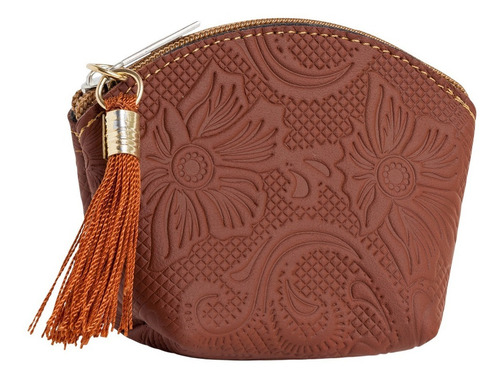 Monedero De Piel Grabada Para Dama Con Llavero Moda Bolsos Color Camel