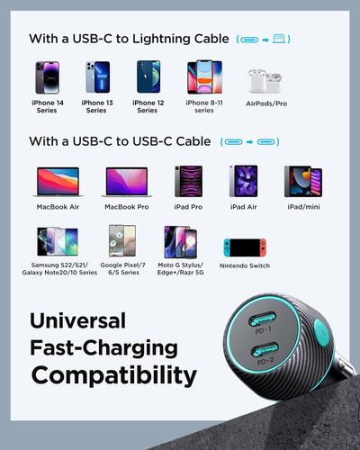 Cargador De Coche Usb C, 70 W, 2 Puertos, Adaptador De Carga