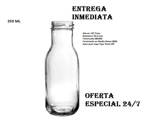 Botella Frasco De Vidrio De 250 Ml (24und) + Tapa Metálica