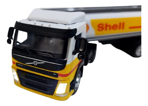 Miniatura Caminhão Shell Volvo Tanque Acende Farol C Barulho Cor Amarelo Com Branco