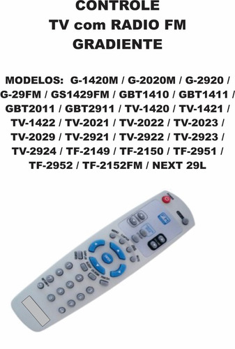 Controle Remoto Tv Com Radio Fm Gradiente G-1420m Next 29l