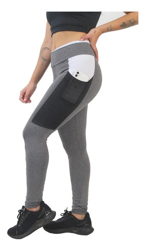 Calça Legging Fitness Academia Mescla Detalhe Branco E Bolso