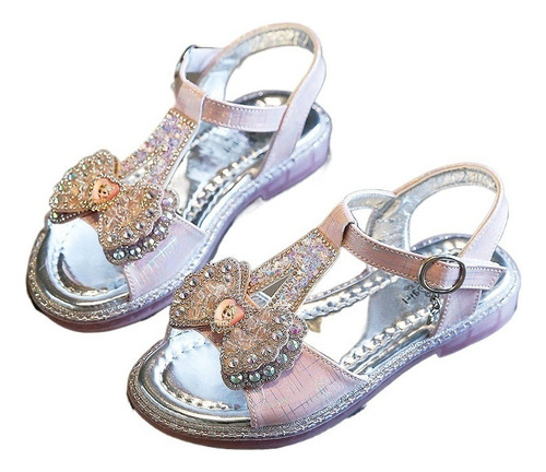 Sandalias Niñas De Princesa De Cuero Con Diamantes De Lazo