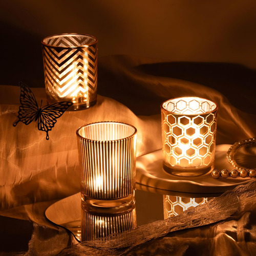 Juego De 3 Portalas Votivas Doradas, Candelabros De Cristal