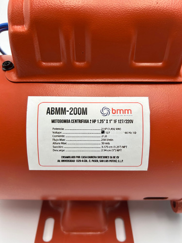 Bomba P/agua Centrifuga 2 Hp Corona / Motor Bmm 1 1/4 X 1 Naranja 60 Hz Monofásica