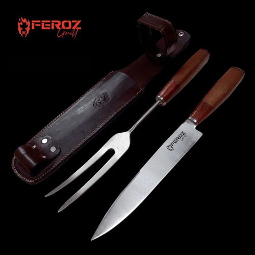 Imagen 7 de 10 de Juego Trinchar Asador Feroz Madera Artesanal Hoja Inox 20 Cm