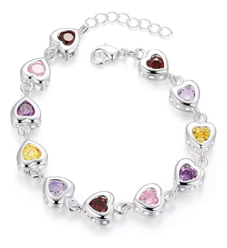 Pulsera Corazón & Cristales, De Plata Ley 925 + Caja + Paño