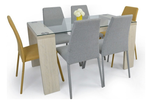 Set Comedor Milan Bali 6 Puestos - Sillas Tela Color Plata- Mostaza