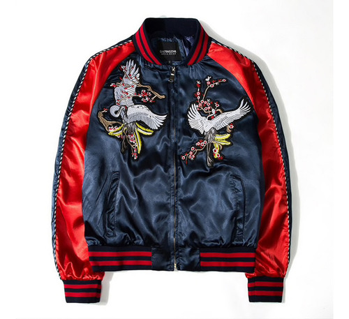Imagen 2 de 10 de Chaqueta Bomber Bordado Japonés Grulla Azul Marino Y Rojo