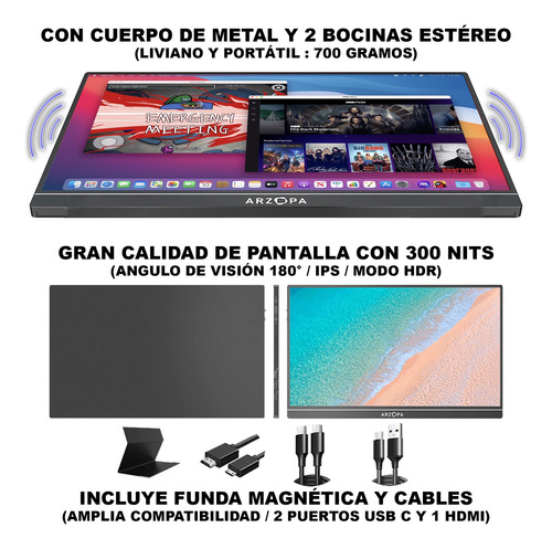 Monitor Portátil Metálico 15.6'' Ips Fhd 1080p Hdr Arzopa S1