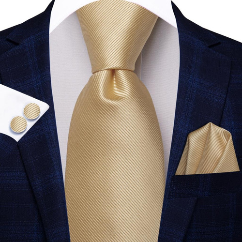 B3713 Seda | Corbata Pañuelo Gemelos | Dorado Champagne