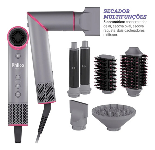 Secador de Cabelos Philco Motor BLDC 6 acessórios Fast Dry 1450W PSD16A 127v