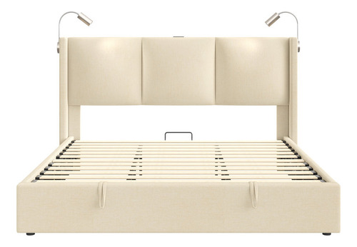 Base De Cama King Size Con 2 Luces De Lectura Color Beige