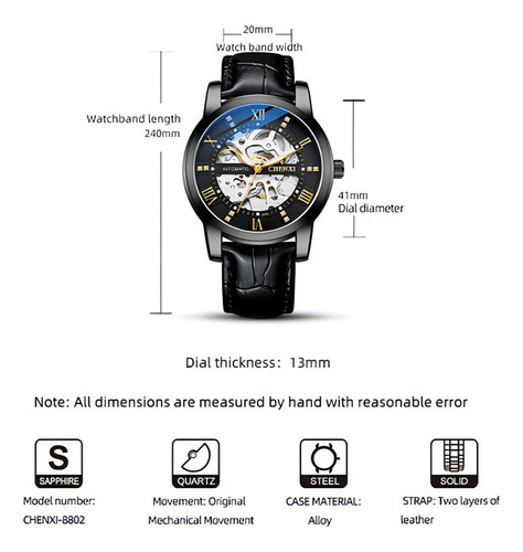 Reloj mecánico de cuero impermeable Chenxi para hombre, color de fondo dorado