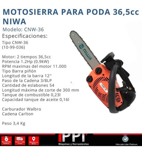 Imagen 2 de 8 de Motosierra Explosion Niwa Cnw-36 Poda 36cc Espada 30cm Moron