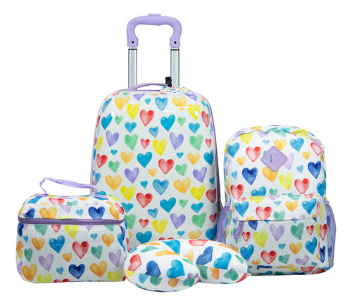 Set Viaje Infantil Maleta Mochila Lonchera Almohada Diseño Corazones Color Blanco