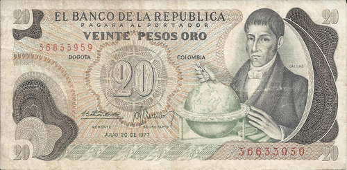 Colombia 20 Pesos Oro 20 De Julio 1977