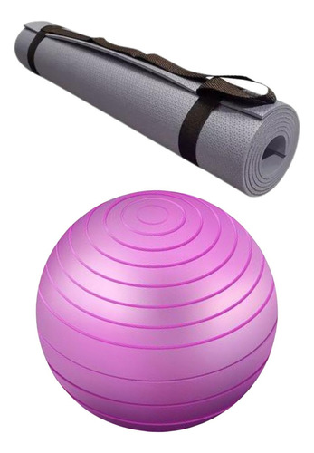 Bola Inflavel Exercicios Tapete Yoga 170x60cm Espessura 5mm Cor Cinza Roxa