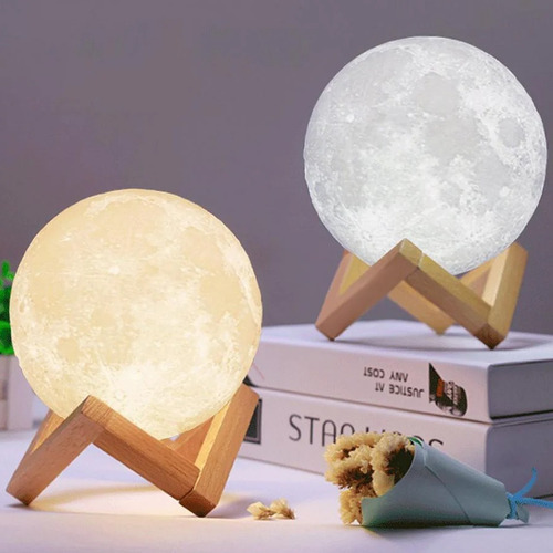 Imagen 4 de 7 de Lámpara Luna Velador Luz Led Fría Y Cálida Táctil Usb 18 Cm