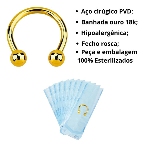 3 Piercings Daith Orelha Boca Nariz Septo Ouro 18k Aço Pvd