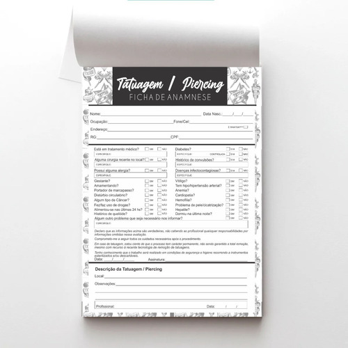 Imagem 1 de 3 de Ficha Anamnese Tatuagem Piercing Tattoo Bloco 100 Folhas