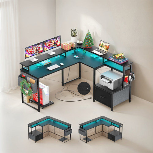 Escritorio L Con Toma De Corriente Y Led, Reversible Con Caj